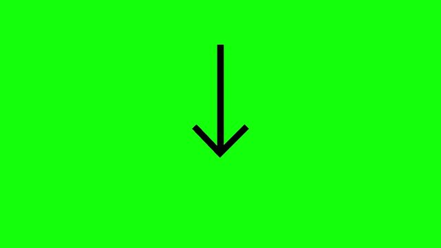 A clean black arrow icon smoothly moving back and forth toward the downward direction in a seamless loop on a solid bright green chroma key background, simple flat design, centered horizontally.