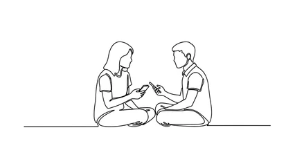 Papier peint photo Motifs linéaires Continuous line drawing of a young man and woman sitting crosslegged facing each other and looking at their smartphones, modern communication concept  © MstAfia