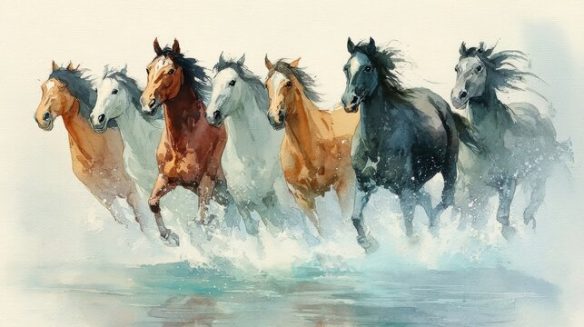 Watercolor Painting of a Majestic Herd of Horses Running Together Through Water, Galloping Equines in a Dynamic, Wild Nature Scene.