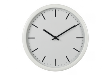 White clock with black hands round clock isolated on a transparent background