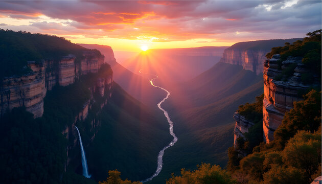 Golden Sunset Over the Blue Mountains, Sydney Australia &ndash; Scenic Landscape with Misty Valleys