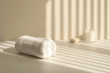 Spa still life with rolled towel and candle, calm self care concept