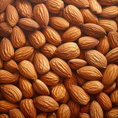 Fototapeta premium Macro top-down view of a heap of raw organic almonds, creating a beautiful textured background. Healthy vegan snack food, rich in protein and vitamins for a balanced diet and wellness concept.