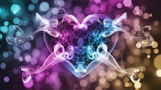 A glowing heart-shaped object with a purple and blue gradient is suspended in mid-air, surrounded by a bokeh background of colorful lights, conveying love and technology
