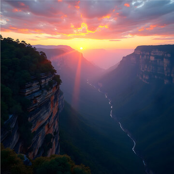 Golden Sunset Over the Blue Mountains, Sydney Australia &ndash; Scenic Landscape with Misty Valleys