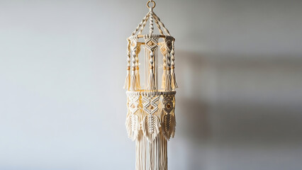 Artisanal hand-knotted macrame hanging decoration, meticulously crafted with natural fibers, bringing a touch of bohemian elegance and warmth to any interior space