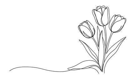 Minimalist continuous line drawing of three tulips with stems and leaves, elegant floral art, black outline on white background