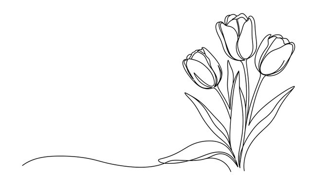 Minimalist continuous line drawing of three tulips with stems and leaves, elegant floral art, black outline on white background