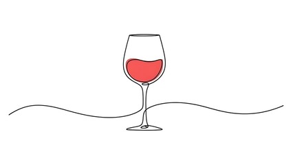 Minimalist one line drawing of a glass of red wine with a wavy line underneath, isolated on white background