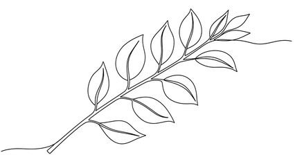Minimalist one line drawing of a branch with leaves, continuous line art botanical illustration