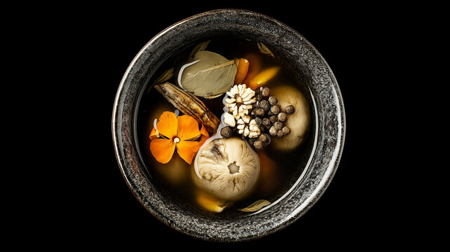 A striking flat-lay composition of traditional Chinese double-boiled soup in a dark ceramic bowl. 