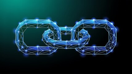 Flat View Low Poly Blockchain: Interconnected Digital Chain Links with Bright Blue Glow