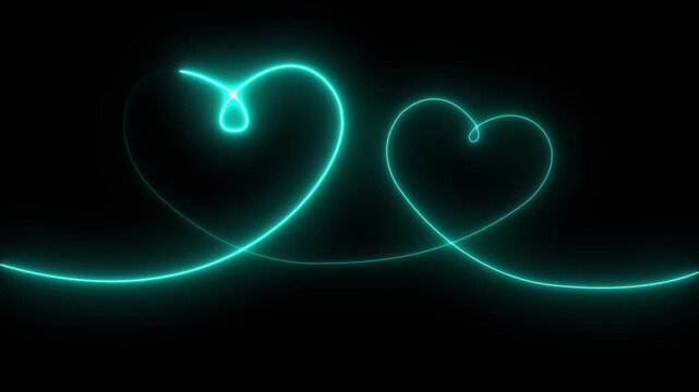 Two love hearts. Valentine's Day indicate. Love One line drawing concept. love card neon glowing icon.   Cayan color neon glowing Two love hearts. 