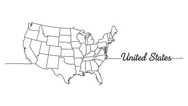 Outline map of the united states of america with continuous line art style and text label