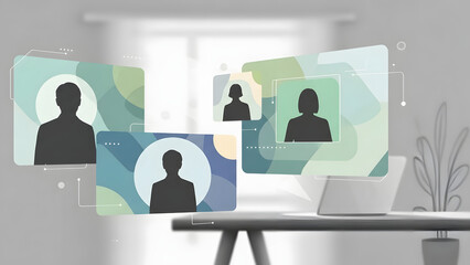 Online collaboration concept with connected profile cards and user avatars on blurred office background. GENERATIVE AI
