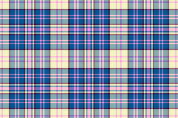 Seventies background pattern fabric, yard texture plaid check. Deluxe seamless vector tartan textile in cyan and light colors.