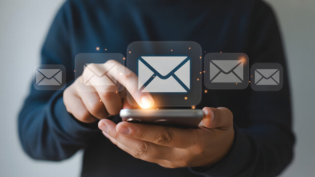 Man using smartphone to send and receive emails with a digital envelope icon.png - Powered by Adobe