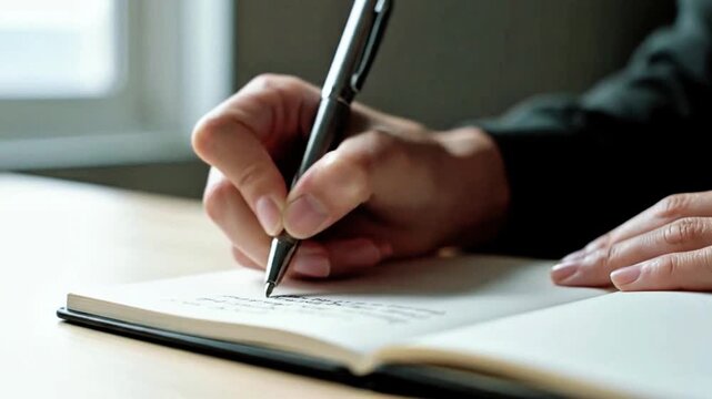 Hand Writing Business Notes in Notebook at Office Desk