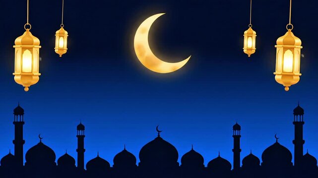 Silhouette of a mosque with crescent moon and hanging lanterns against a dark blue night sky with an Islamic theme.