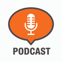 Orange speech bubble with white microphone and podcast text communication concept isolated on white background.