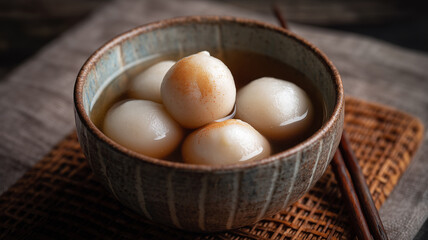 Close-up of traditional steamed glutinous rice balls served in a textured ceramic bowl of sweet syrup. Garnished with a dusting of brown sugar on a rustic woven mat.