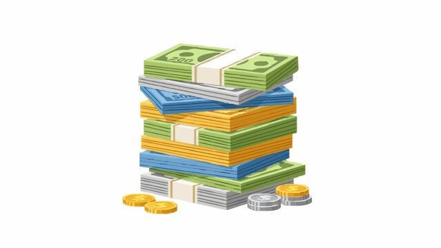 Stack of colorful money bundles and coins on white background