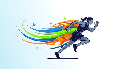 Woman running with colorful dynamic motion trails behind her