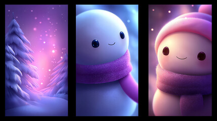 Zwei süße 3D Charaktere in winterlicher Szene mit Sternen und lila Beleuchtung