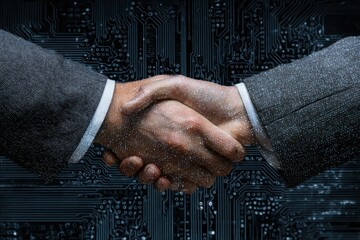Handshake marks completion of technology agreement between partners in a modern digital business setting