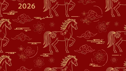 Elegant Outline Horse and Cherry Blossom Seamless Pattern for 2026 Chinese New Year on Dark Red Background