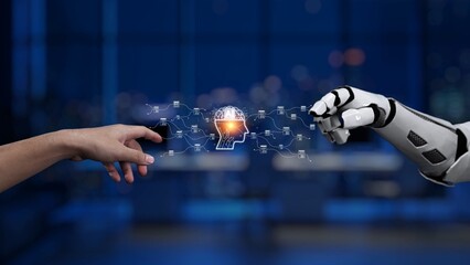This image captures the moment of connection between a human hand and a robotic hand, symbolizing the collaboration between humanity and technology in a digital world. Synapse