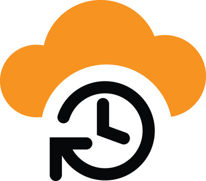 Orange cloud computing symbol integrates with a black circular arrow clock icon representing frequent data synchronization or recurring backup schedule in digital information storage systems