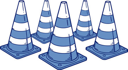 Set of realistic traffic cones isolated on transparent background, vector design, high-quality, clean, perfect for construction or safety graphics.