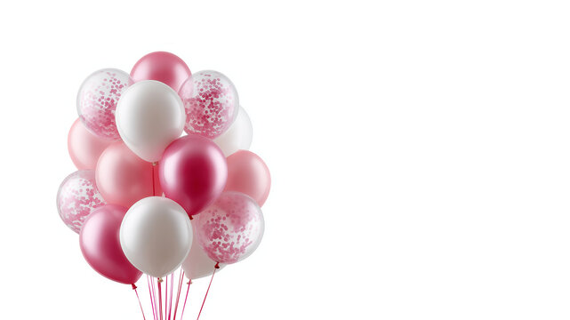 Leichte Ballongruppe in sanften Rosa- und Wei&szlig;t&ouml;nen mit Konfetti-Ballons vor hellem Hintergrund