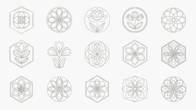 Set of Elegant Geometric Outline Floral and Lotus Pattern Icons on Bright Studio Background