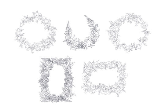 Hand drawn line art black and white rose flowers frame set. Vintage romantic monochrome floral wreath bouquet bundle