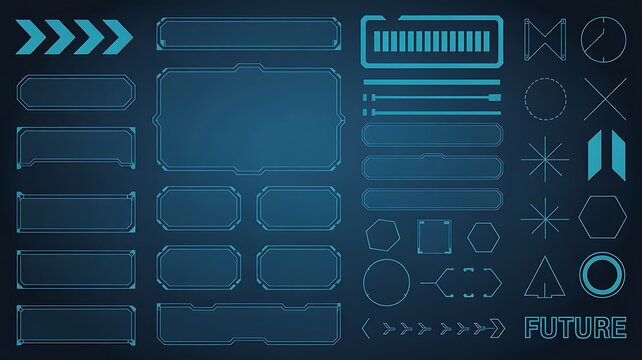 Futuristic Blue HUD Elements Kit: UI Frames, Progress Bars, Arrows & Icons - Powered by Adobe