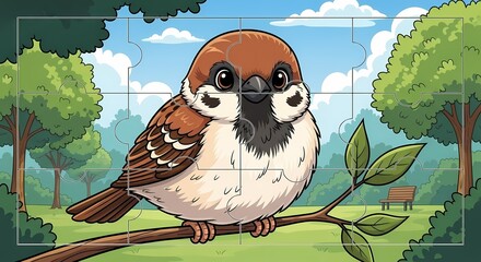 Cute Cartoon Sparrow Bird Perched On Branch In Green Park Puzzle