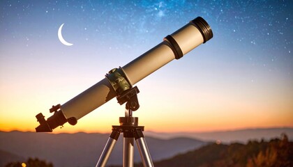 Telescope observing the night sky with crescent moon and stars.