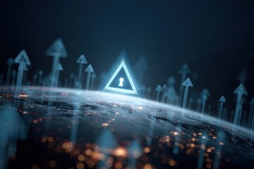 Glowing digital lock inside a triangle on a globe surrounded by upward arrows indicating security and technology advancement in a digital world