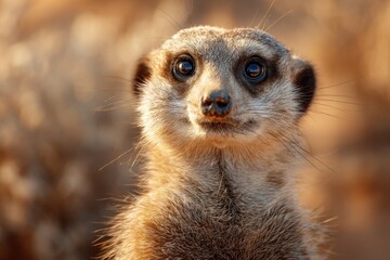 Fototapeta premium Meerkat standing alert in the warm desert sand at a wildlife conservation area during golden hour
