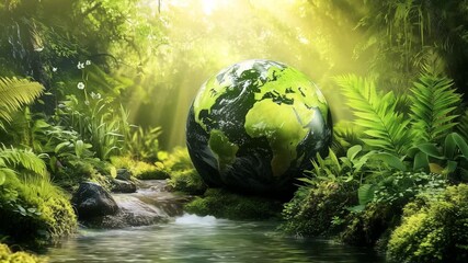 A globe rests in a lush forest by a stream with sunlight filtering through the trees and illuminating the area