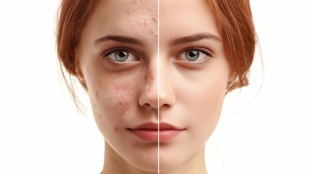Split portrait of a woman, the comparison of skin changes showing acne before treatment and clear skin after