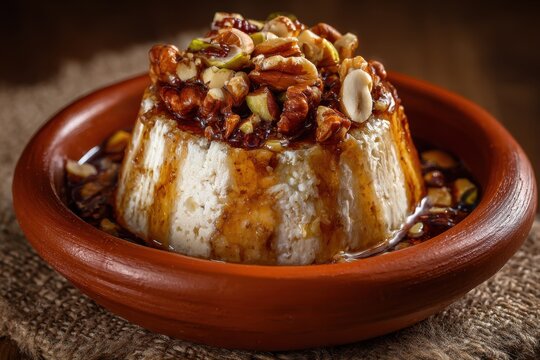 Handmade fibrous cayote jam topped with nuts served in a traditional clay dish, showcasing local culinary art at a festive gathering in a warm restaurant