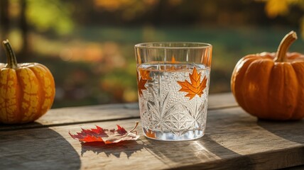 Autumnal Refreshment - A Glass of Water with Maple Leaves and Pumpkins.