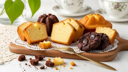 Delicious assorted cakes on a wooden board