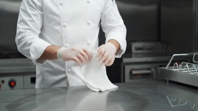 A chef in a pristine kitchen cleans a stainless steel surface, wearing gloves and a jacket