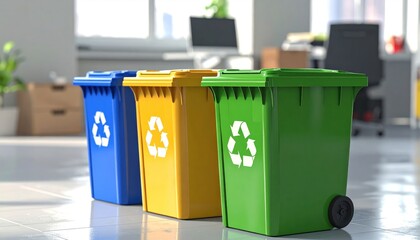 Three colorful recycling bins in an office setting.