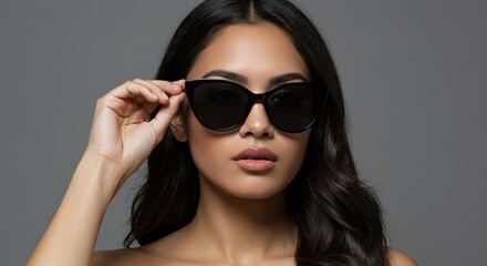 Fashionable woman posing confidently, wearing stylish sunglasses, and showcasing her elegant look against a neutral backdrop