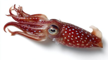 Fototapeta premium Elegantly Posed Longfin Inshore Squid (Doryteuthis pealeii) Displaying Red Hue and Distinct Blue Spots on White Background.